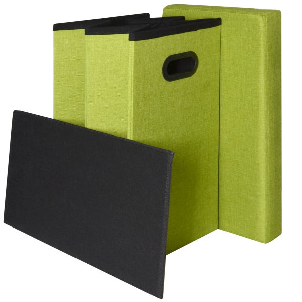Faltbare Aufbewahrungsbox aus grünem Stoff mit schwarzem Rand, Deckel und Grifföffnung.