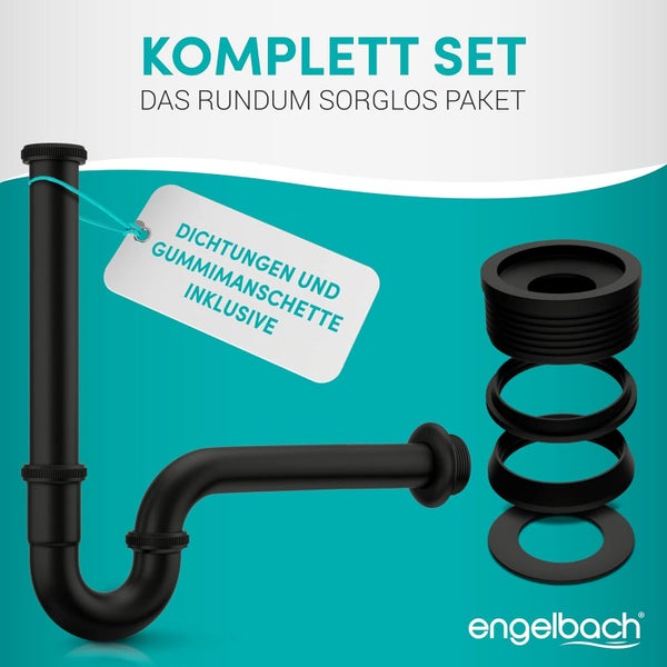 Engelbach® Siphon für Waschbecken - Extra Lang 200mm -  1 1/4 inkl. Gummimanschette mit Montage-Video - Schwarz