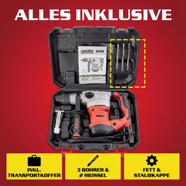 Hecht Bohrhammer im Transportkoffer mit Bohrern, Meißeln, Fett und Staubkappe