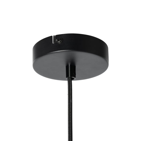 Runder Lampenbaldachin aus schwarzem Metall mit Kabelauslass und Textilkabel.