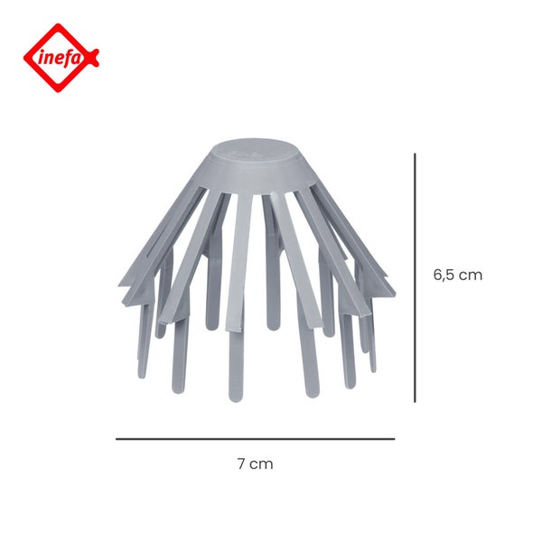Grauer Laubfang aus Kunststoff für Dachrinnen, 6,5 Zentimeter hoch und 7 Zentimeter breit, Inefa Logo.