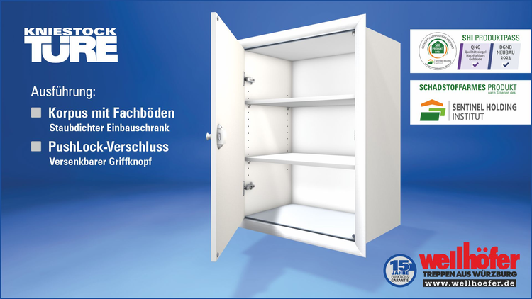 Wellhoefer Kniestocktuer Einbauschrank mit Fachboeden und PushLock Verschluss fuer staubdichte Aufbewahrung.