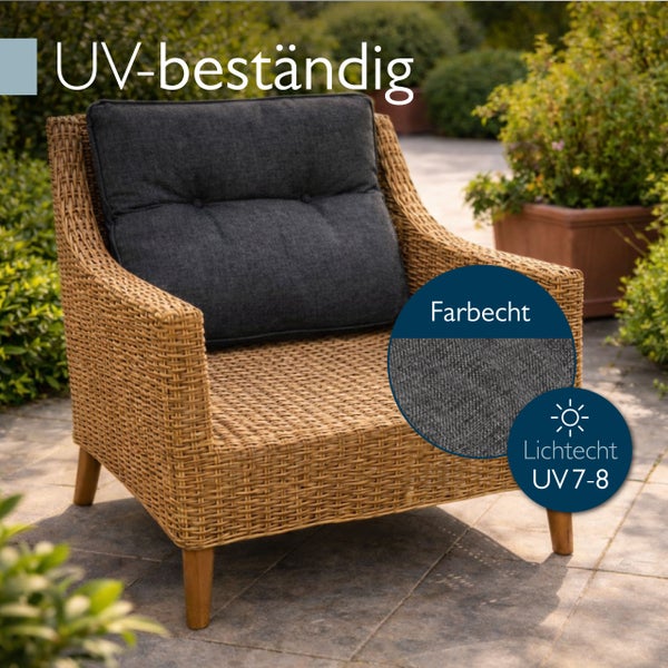 UV-beständiger Lounge Sessel aus Polyrattan mit einem Kissen. Das Material ist lichtecht und farbecht.