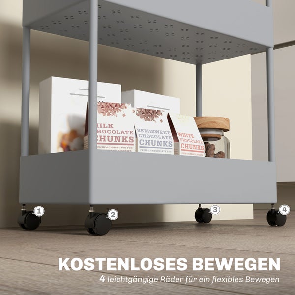 Detailansicht eines Servierwagens mit Schokoladenstückchen und vier leichtgängigen Rädern für flexible Bewegung