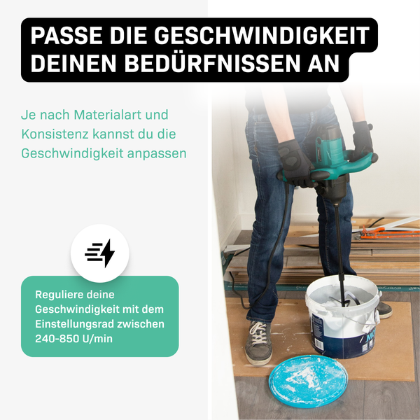VONROC Betonmischer inkl. Rührwerk [1400W] - Quirl Mörtelrührer [mit Sanftanlauf] für Beton, Zement, Farbe, Mörtel - Einstellbare Geschwindigkeit [240-850/min]