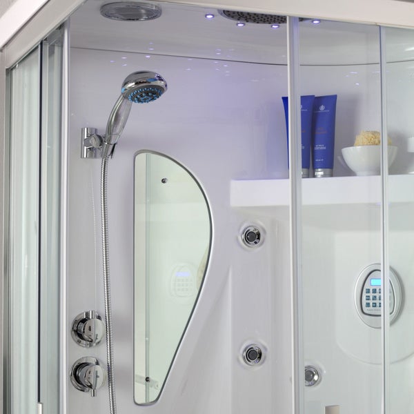 Modernes Innenleben einer Duschkabine mit Handbrause, Regenduschkopf, Massagedüsen, digitalem Bedienfeld, Spiegel und integrierter Beleuchtung.