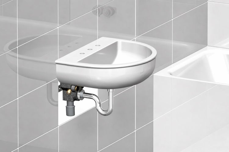 Wandhängendes Handwaschbecken aus Keramik mit Siphon und Montageelement in einem gefliesten Badezimmer neben einer Badewanne.