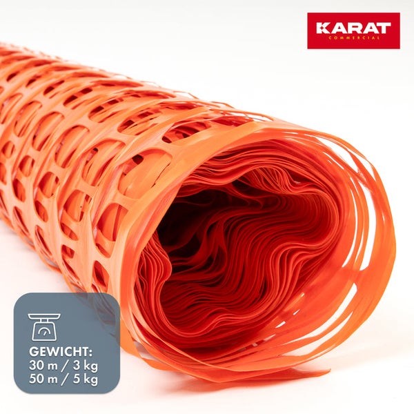 Orangefarbenes Absperrgitter aus Kunststoff, Karat Commercial Logo, Gewicht für 30 Meter beträgt 3 Kilogramm und für 50 Meter 5 Kilogramm.