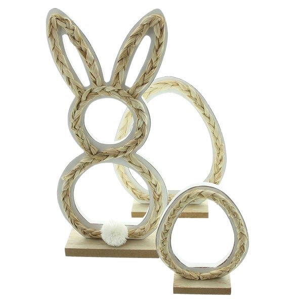 FRANK FLECHTWAREN | Osterdeko Natur, 3er Set, MDF, SEEGRAS, TEXTIL, H: 12 cm, 14,5 x 5 x 18 cm, 12,5 x 5 x 27,5 cm