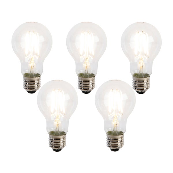 Fünf LED-Filament-Leuchtmittel in klassischer Kolbenform mit E27-Sockel aus klarem Glas.