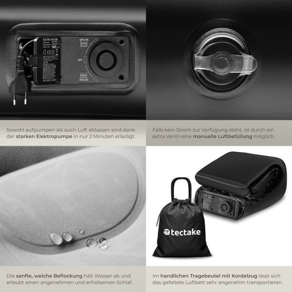 Vierteilige Collage eines Luftbetts mit Elektropumpe, manuellem Ventil, wasserabweisender Beflockung und Tragetasche mit tectake Logo.