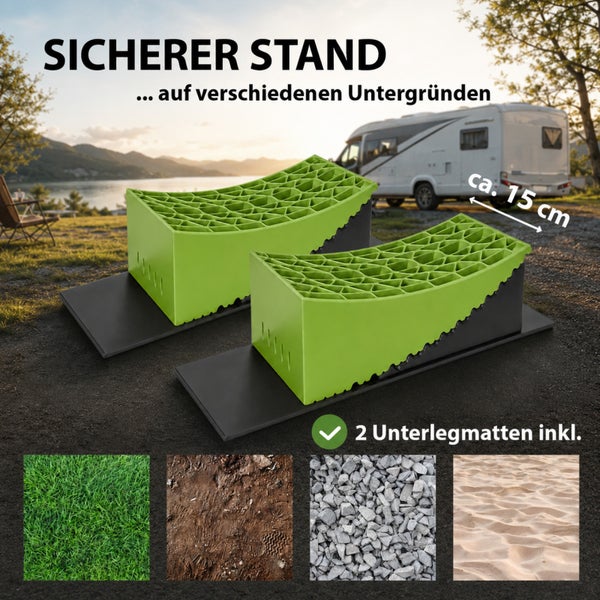 Zwei Auffahrkeile mit Unterlegmatten zur sicheren Wohnmobilnivellierung auf Rasen, Erde, Kies und Sand, Höhe circa 15 Zentimeter.