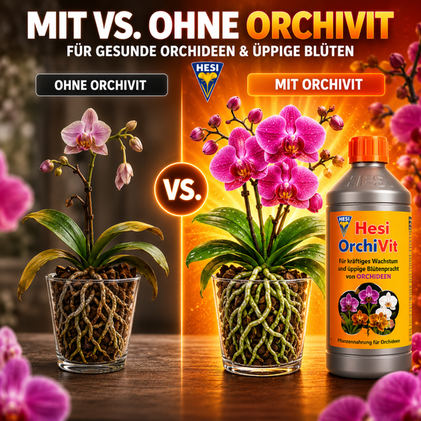 Vergleichsbild Hesi OrchiVit Orchideendünger für gesundes Wachstum und Blütenpracht bei Orchideen in Glasgefäßen