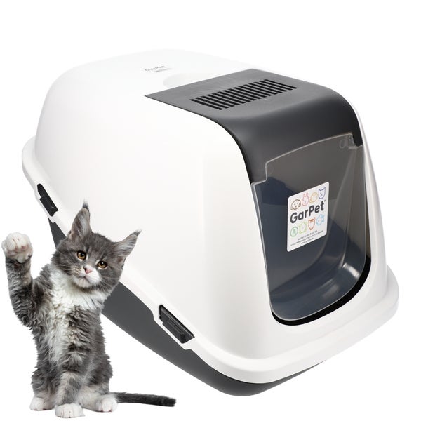 Geschlossene Katzentoilette mit Schwingtür, Belüftungsschlitzen, Tragegriff, GarPet Logo und einem Kätzchen.