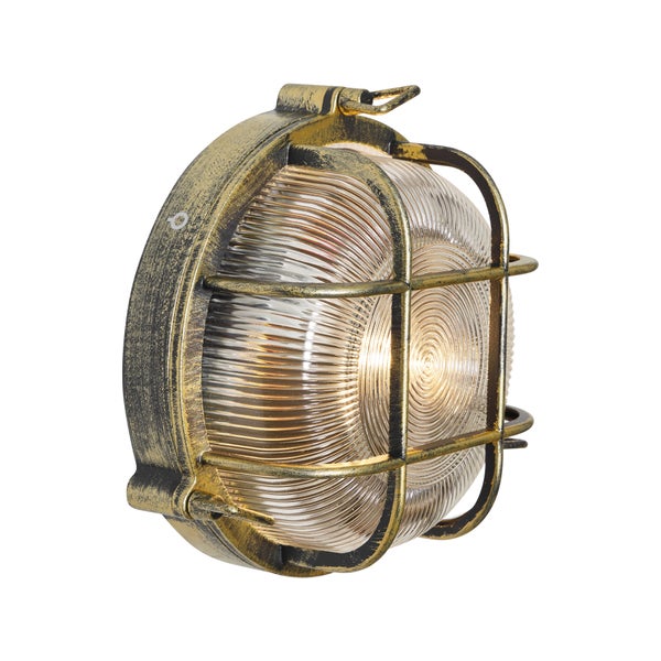 Runde Außenwandleuchte und Deckenleuchte mit Metallgitter und geriffeltem Glas im antiken Design.