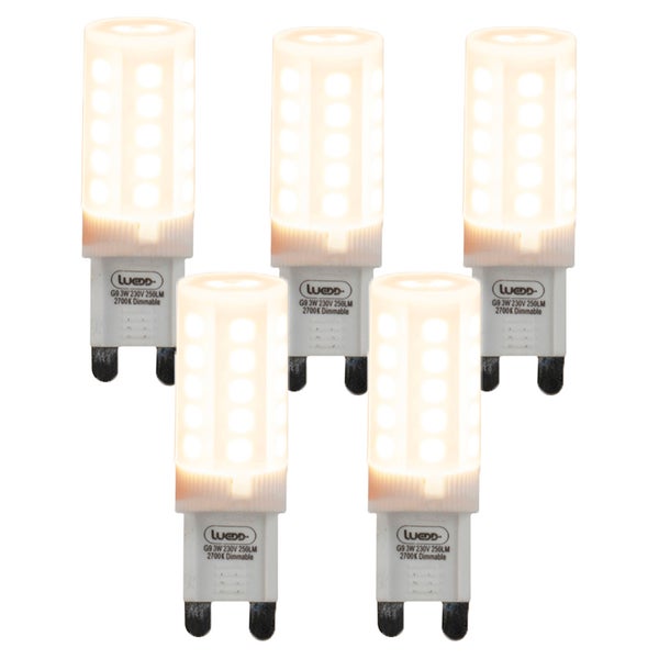 Set aus fünf G9 LED-Leuchtmitteln, 3 Watt, 250 Lumen, 2700 Kelvin, dimmbar.