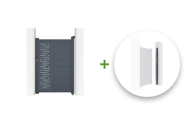 Modernes Gartentor aus Aluminium mit horizontalen Lamellen und dekorativen Ausschnitten inklusive Anschlagpfosten.