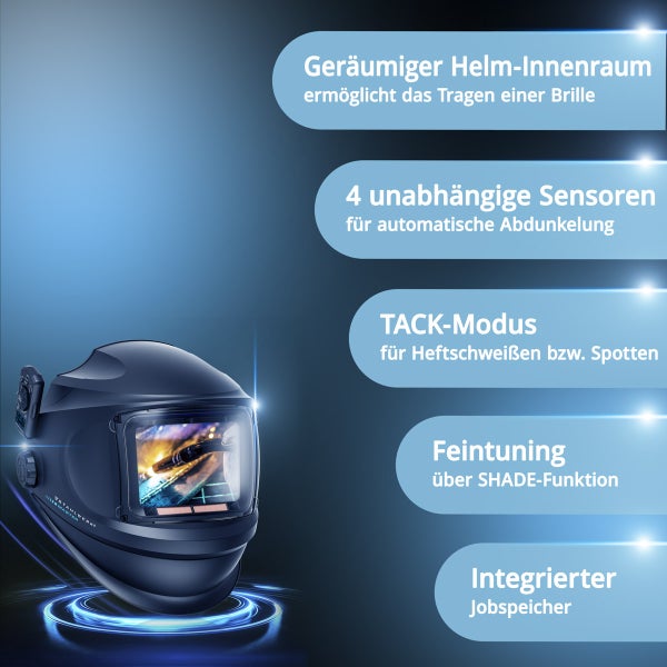 Schweißhelm mit großem Innenraum, vier Sensoren, Heftschweißmodus, Feinjustierung und integriertem Speicher