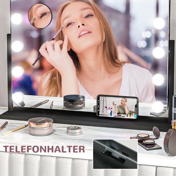 HOMCOM Hollywood Spiegel mit Beleuchtung, Schminkspiegel mit 14 LED Licht, 3 Lichtfarben, Kosmetikspiegel mit 10X Vergrößerung, USB-Ladeanschluss, Handyhalterung und Touchschalter, 360° Drehbar