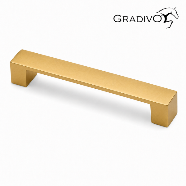 Eckiger Möbelgriff aus Metall in Gold-Optik mit gebürsteter Oberfläche, Gradivo Logo.