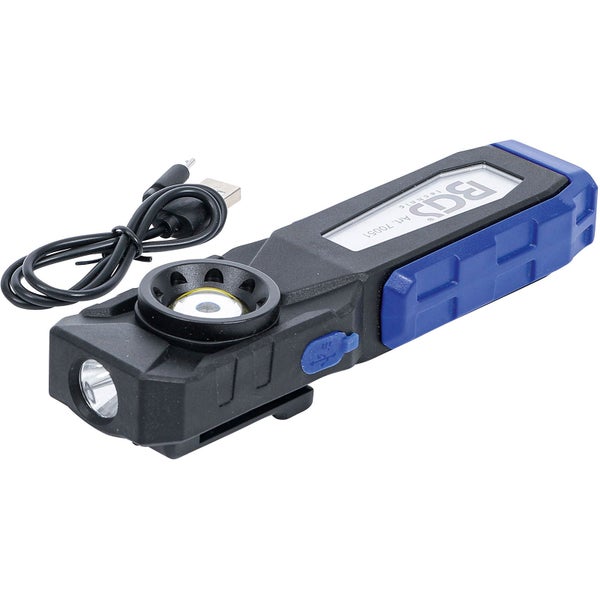 BGS Technic LED-Arbeitsleuchte in Schwarz und Blau mit USB-Ladekabel, schwenkbarem Leuchtkopf, Magnetclip und zwei Lichtquellen.