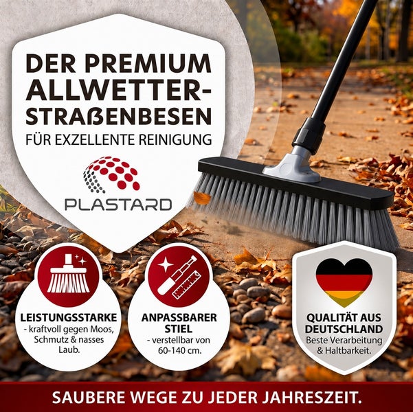 Plastard Allwetter-Straßenbesen mit verstellbarem Stiel zur Beseitigung von Laub, Schmutz und Moos auf Gehwegen.