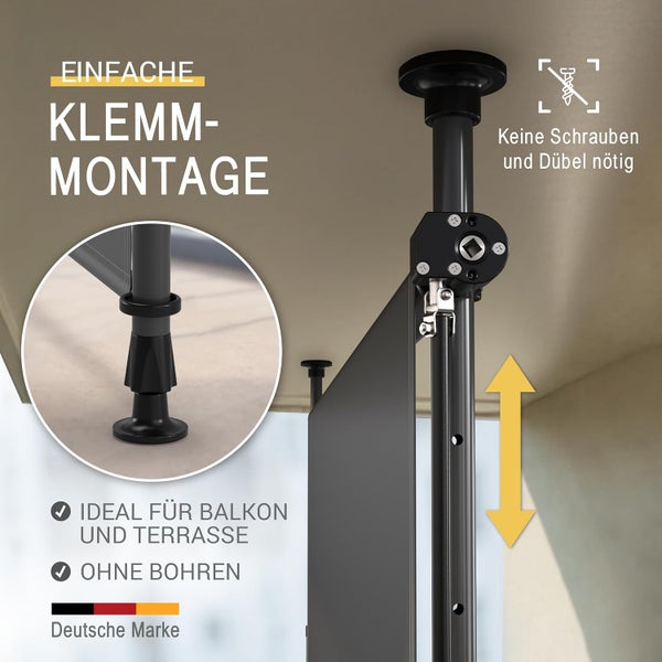 Klemmmontage für Markisen an Balkon und Terrasse ohne Bohren, Teleskopstange zwischen Boden und Decke verspannt, keine Schrauben nötig.
