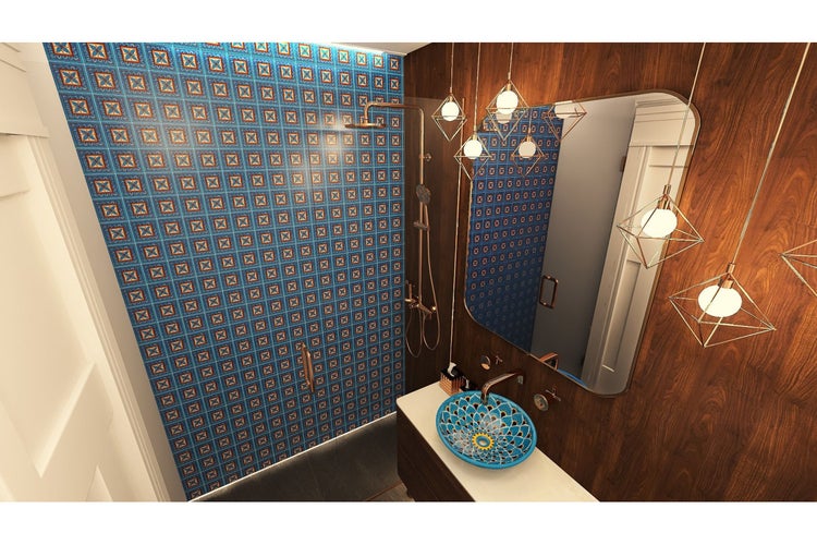 Badezimmer mit Dusche, Waschbecken und Holzverkleidung