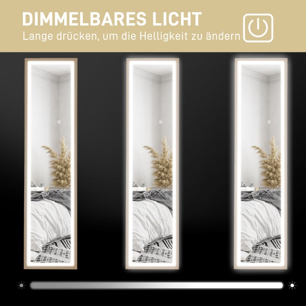 Dimmbarer LED-Ganzkörperspiegel in drei Helligkeitsstufen, rechteckig, mit Touch-Sensor und beleuchtetem Rahmen in einem Schlafzimmer.