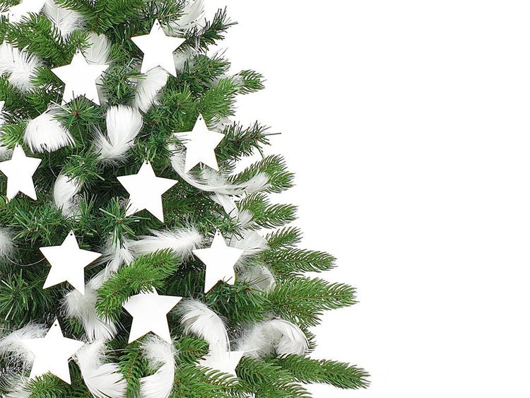 Weihnachtsbaum mit Sternanhängern und weißen Federn als Dekoration.