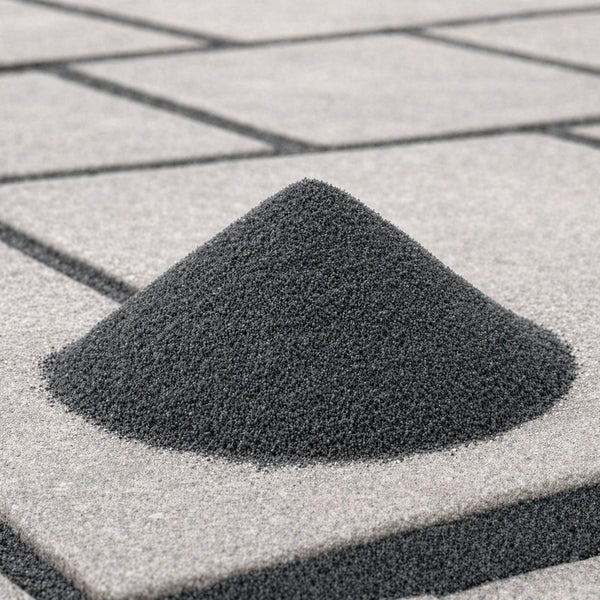 Ein kleiner Haufen feiner Fugensand auf grauen Pflastersteinen mit Fugen.