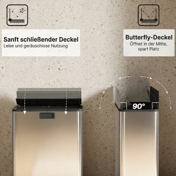 Treteimer mit sanft schließendem Deckel für geräuschlose Nutzung und platzsparender Butterfly-Öffnung im 90 Grad Winkel.