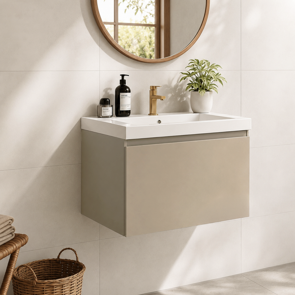 Wandhängender Waschtisch mit Unterschrank, runder Wandspiegel mit Holzrahmen und Armatur in einem modernen Badezimmer.