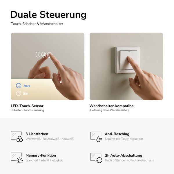 Infografik zur Spiegelsteuerung per LED-Touch-Sensor und Wandschalter mit Anti-Beschlag, 3 Lichtfarben, Memory und 3 Stunden Auto-Abschaltung.