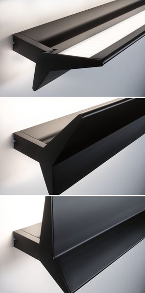 Wandleuchte in Schwarz mit verstellbarem Lichtaustritt, drei Detailansichten.
