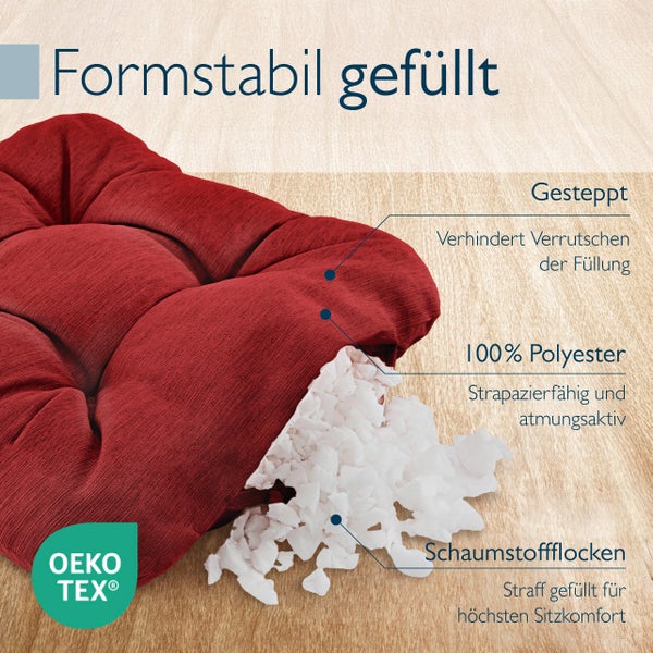 Detailaufnahme eines formstabilen und gesteppten Sitzkissens gefüllt mit Polyester und Schaumstoffflocken sowie dem Oeko-Tex Siegel