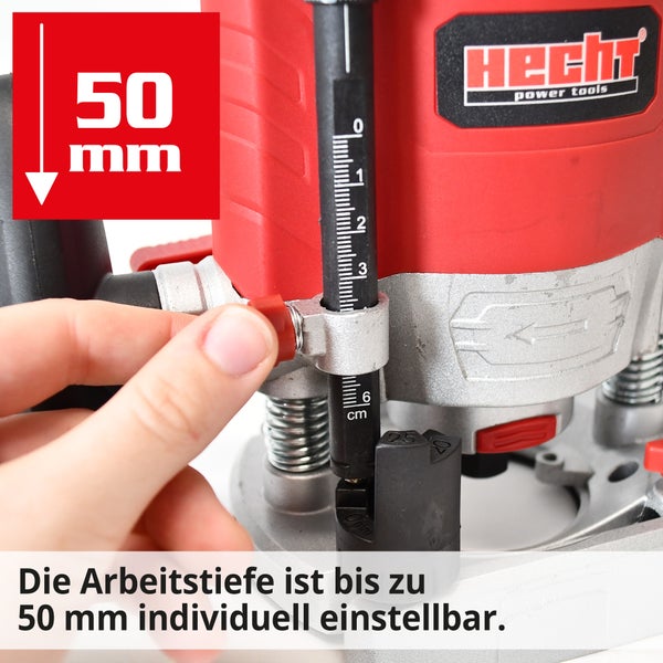 Hecht Oberfräse Detailansicht mit Tiefeneinstellung bis 50 Millimeter