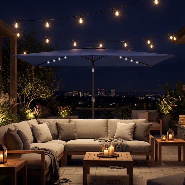 Rechteckiger Sonnenschirm mit LED-Beleuchtung, Breite 289 Zentimeter, Tiefe 198 Zentimeter, Höhe 248 Zentimeter, Mastdurchmesser 38 Millimeter.