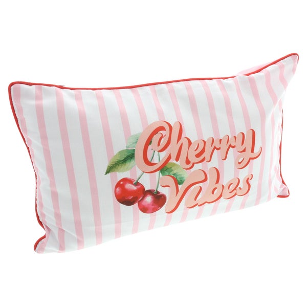 Rechteckiges Dekokissen mit vertikalen Streifen, Kirsch-Motiv und dem Schriftzug Cherry Vibes.