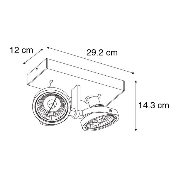 Abbildung einer Deckenleuchte mit zwei Strahlern und Größenangaben.