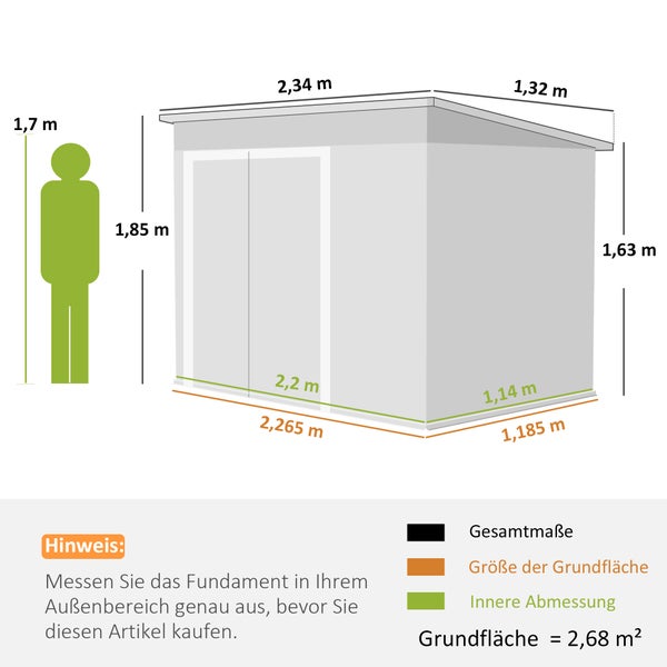 Maßskizze eines Gerätehauses mit Pultdach und Schiebetür inklusive Größenvergleich mit einer Person. Die Grundfläche beträgt 2,68 Quadratmeter.