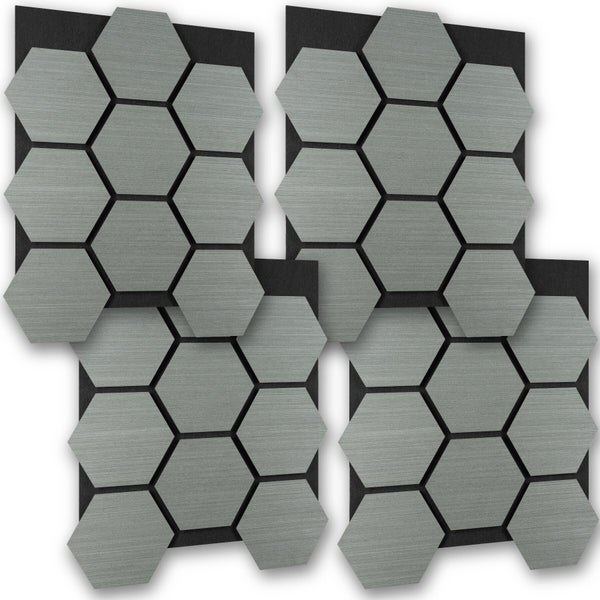 Mosaikfliese in Hexagon-Form mit gebürsteter Metalloptik, vierteiliges Set für die Wandgestaltung.