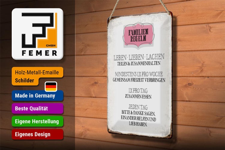 Blechschild Spruch 20x30cm Familien Regeln leben lieben