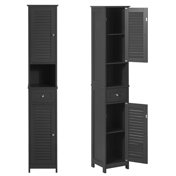 Zwei Ansichten eines grauen Badezimmer-Hochschranks mit Türen, Schublade und offenen Fächern.