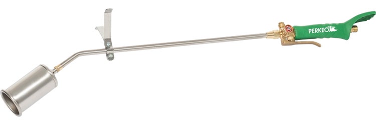 Perkeo Propangasbrenner mit langem Hals, Edelstahl-Brennerkopf und grünem Handgriff.