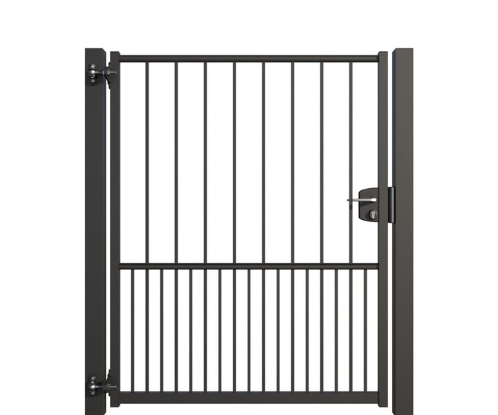 Metallzauntür mit vertikalen Stäben und Schloss