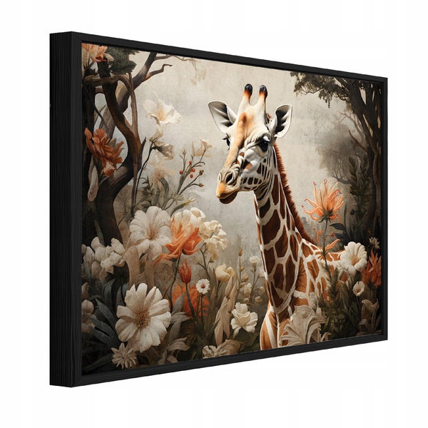 Wandbild mit Giraffe im Blumenwald mit schwarzem Rahmen in Perspektivansicht