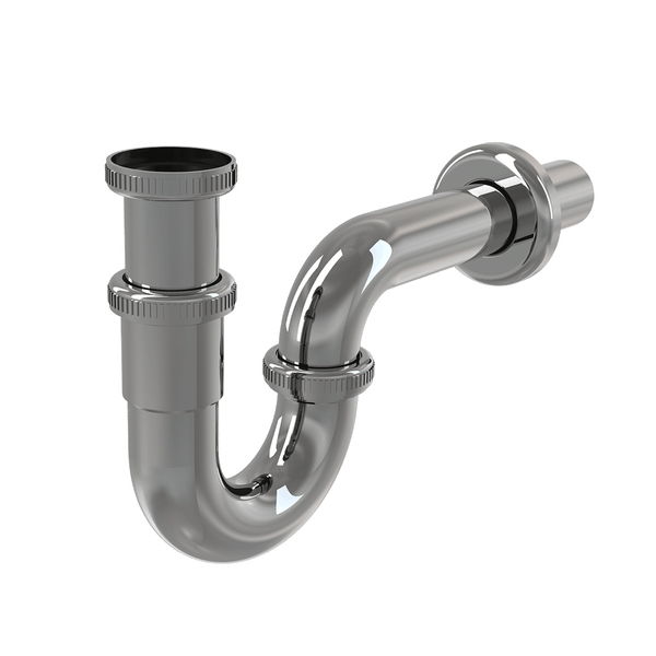 Ein metallischer Röhrensiphon für Waschbecken mit Wandanschlussrohr und Rosette zur Sanitärinstallation.