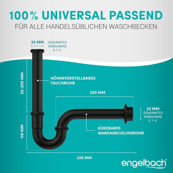 Engelbach® Siphon für Waschbecken - Extra Lang 200mm -  1 1/4 inkl. Gummimanschette mit Montage-Video - Schwarz