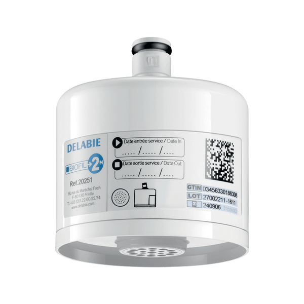 Delabie Biofil 2M Wasserfilter-Kartusche für Keimfiltration, Modell 20251, mit Anschlussstutzen und Beschriftungsfeldern für die Nutzungsdauer.